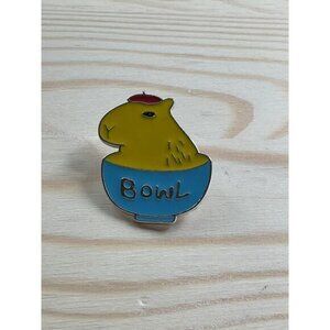 Capybara Enamel Pin With Text "Bowl" In Yellow & Blue Colors
